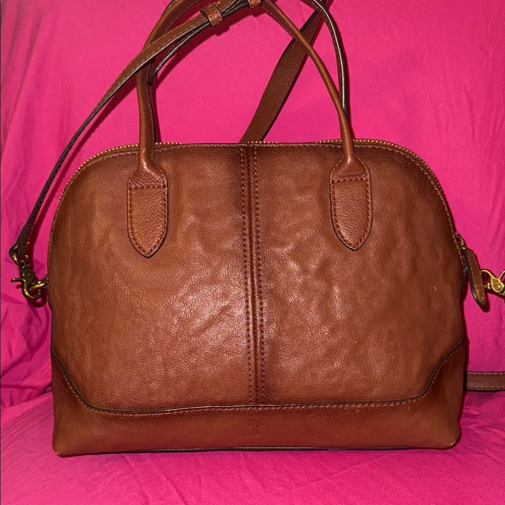 Frye Chestnut Brown Leather Satchel with Gold Ring Accent